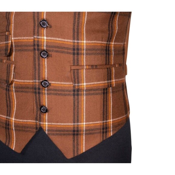 Mens Waistcoat Suit Lapel Vest 40R Brown Orange Plaid Wool Formal Wedding Party - Picture 7 of 9